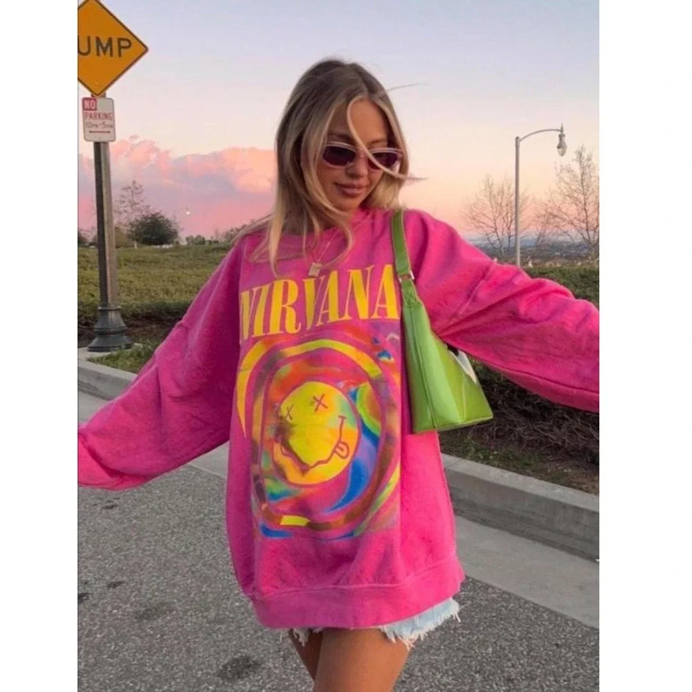 Nirvana Smiley Face Graphic Sweatshirt Hot Pink Oversized Crewneck M/L